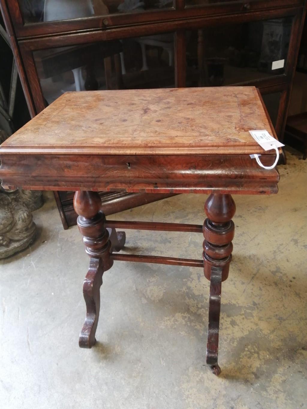 A Victorian burr walnut work table, width 56cm, depth 41cm, height 69cm, together with a Georgian style mahogany bedside table